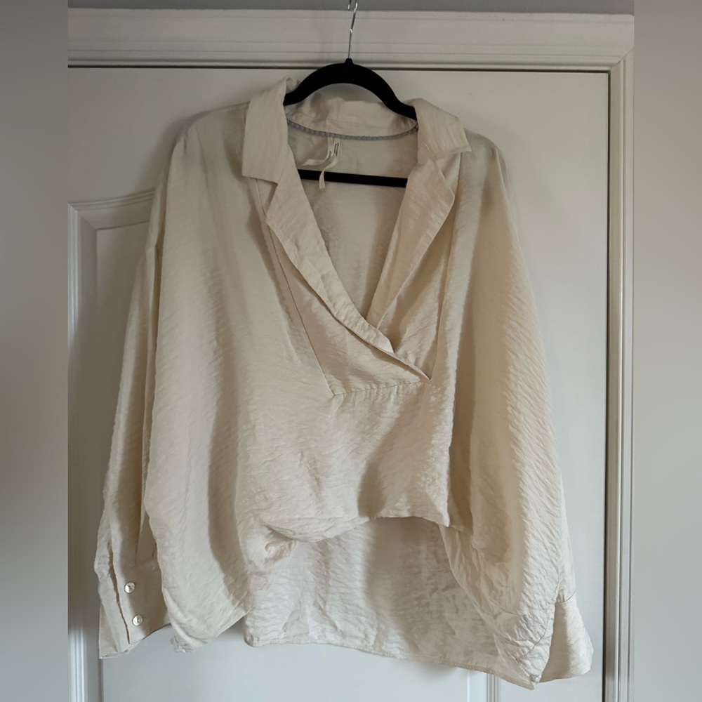 Anthropologie Cream Wrap Blouse with Notched Collar